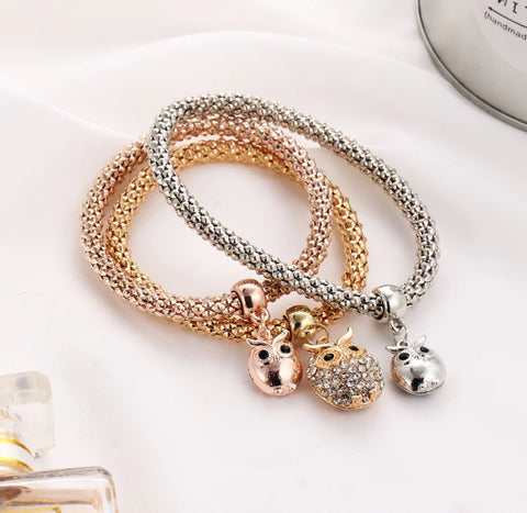 Owl Charm Layered Chain Bracelet with Colorful Accents