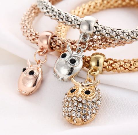 Owl Charm Layered Chain Bracelet with Colorful Accents