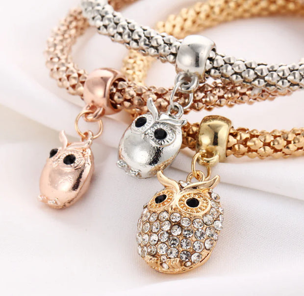 Owl Charm Layered Chain Bracelet with Colorful Accents